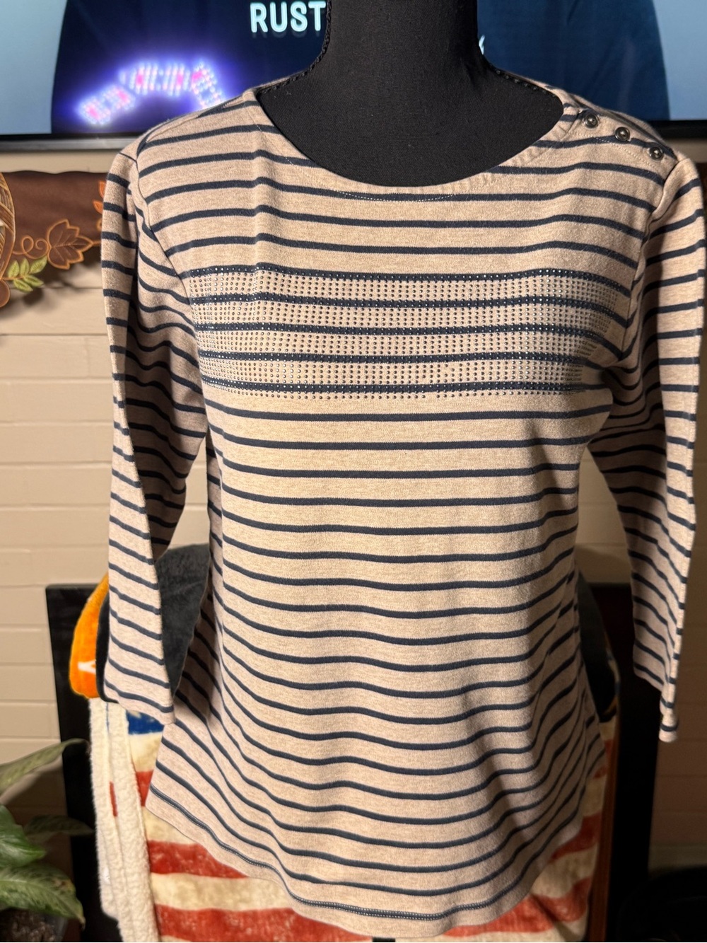 Christopher & Banks Navy and Cream Striped Long Sleeve Top